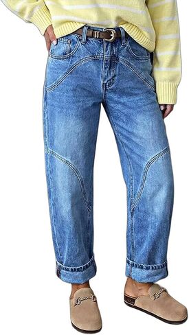 Flamingals Straight Leg Jeans for Women High Rise Washed Seam Decor High Stretch Casual Denim Pants in Kuwait