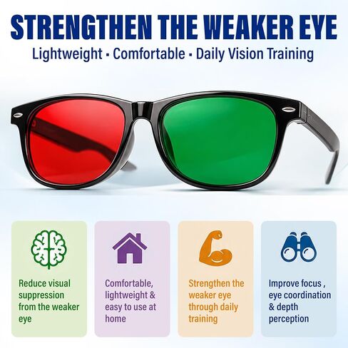 Red Green Glasses Vision Therapy for Amblyopia Lazy Eye Training, Anaglyph Vision Trainer, Portable Comfortable Eyeglasses for Visual Balance, Focus Practice, Binocular Coordination in Saudi Arabia