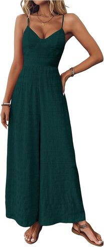 WDIRARA Women's V Neck Sleeveless Jumpsuit Vacation Open Back Wide Leg Pants Romper in Kuwait