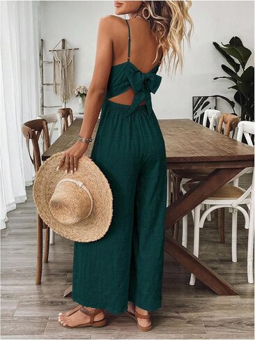 WDIRARA Women's V Neck Sleeveless Jumpsuit Vacation Open Back Wide Leg Pants Romper in Kuwait