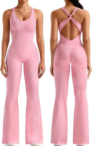 TDIFFUN Women Workout Jumpsuits Cheetah Print Flare One Piece Backless Scrunch Butt Gym Bodysuit Sexy Sleeveless Yoga Outfits in Saudi Arabia