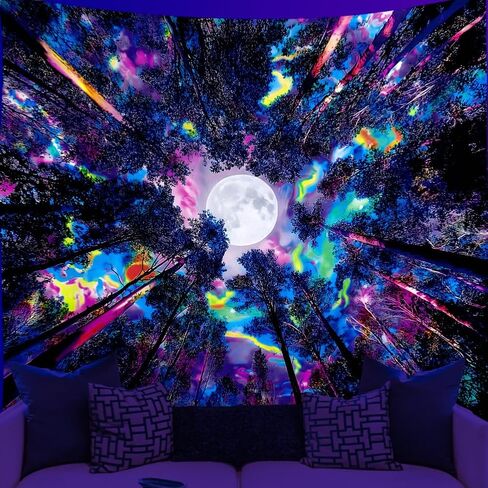WEBEEDY Blacklight نسيج فانتاسي القمر غابة نسيج الأشعة فوق البنفسجية رد الفعل يتوهج في الظلام الجدار شنقا خلفية Trippy Blacklight ملصق لغرفة النوم غرفة المعيشة غرفة الألعاب ديكور المنزل، 59 × 51 بوصة in Kuwait
