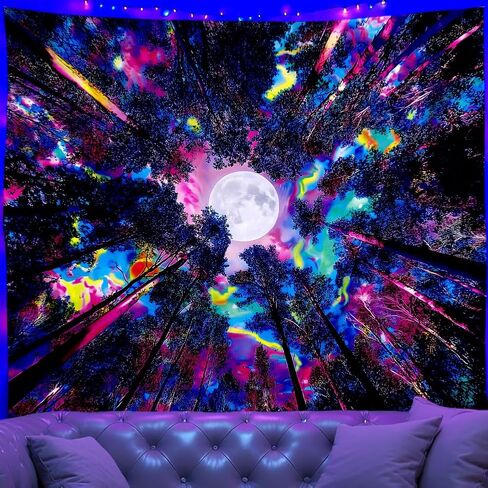 WEBEEDY Blacklight نسيج فانتاسي القمر غابة نسيج الأشعة فوق البنفسجية رد الفعل يتوهج في الظلام الجدار شنقا خلفية Trippy Blacklight ملصق لغرفة النوم غرفة المعيشة غرفة الألعاب ديكور المنزل، 59 × 51 بوصة in Kuwait