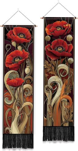PLIGREAT 2 Pack Vintage Floral Vertical Tapestry, Art Nouveau Botanical Poster Print Long Wall Tapestry Aesthetic Wall Hanging with Tassels for Bedroom Living Room Bathroom Home Art Decor in Kuwait
