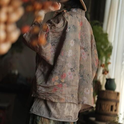 Vintage Printed Women Open Front Shirt, Shawl Collar Shirt with Ruffle Detail in Kuwait