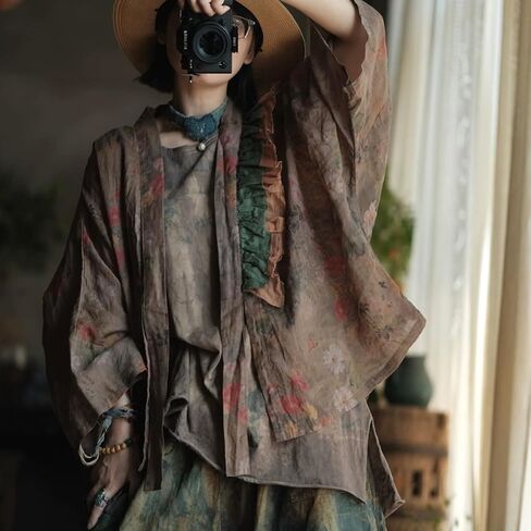 Vintage Printed Women Open Front Shirt, Shawl Collar Shirt with Ruffle Detail in Kuwait