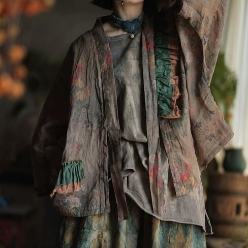 Vintage Printed Women Open Front Shirt, Shawl Collar Shirt with Ruffle Detail in Kuwait