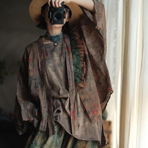 Vintage Printed Women Open Front Shirt, Shawl Collar Shirt with Ruffle Detail in Kuwait