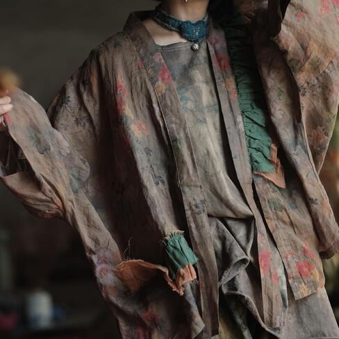 Vintage Printed Women Open Front Shirt, Shawl Collar Shirt with Ruffle Detail in Kuwait