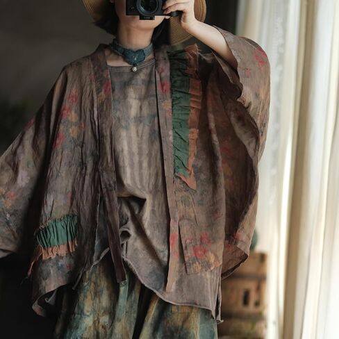 Vintage Printed Women Open Front Shirt, Shawl Collar Shirt with Ruffle Detail in Kuwait