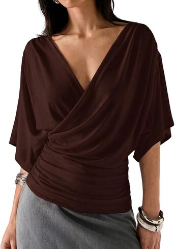 Women Draped Deep V Neck Batwing Half Sleeve Wrap Blouse Y2K Relaxed-Fit Ruched Waist Drop Shoulder T Shirt Top in Saudi Arabia