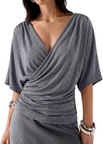Women Draped Deep V Neck Batwing Half Sleeve Wrap Blouse Y2K Relaxed-Fit Ruched Waist Drop Shoulder T Shirt Top in Saudi Arabia