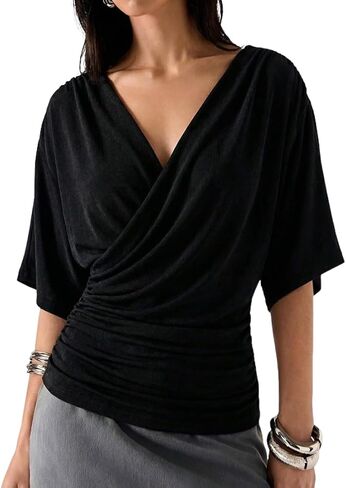 Women Draped Deep V Neck Batwing Half Sleeve Wrap Blouse Y2K Relaxed-Fit Ruched Waist Drop Shoulder T Shirt Top in Saudi Arabia