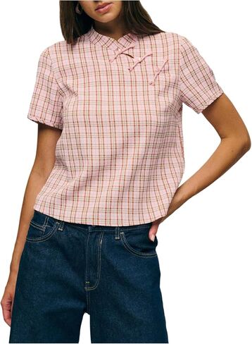 SweatyRocks Women's Plaid Cheongsam Top Short Sleeve Mock Neck Gingham Blouse Shirts in Kuwait