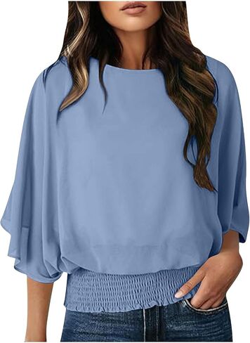 Women Dressy Casual Chiffon Blouses 3/4 Length Batwing Sleeve Smocked Waist Pullover Tops Boat Neck Fall Fashion in Saudi Arabia