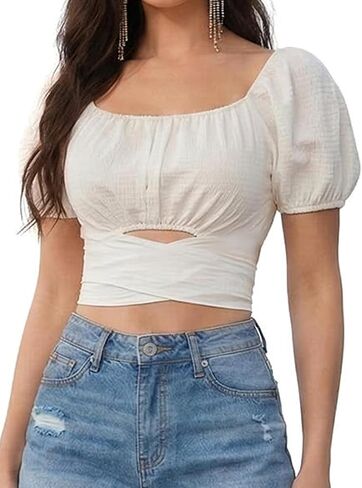 Women's Casual Square Neck Criss Cross Knot Short Sleeve Crop Blouse Shirt Top in Saudi Arabia