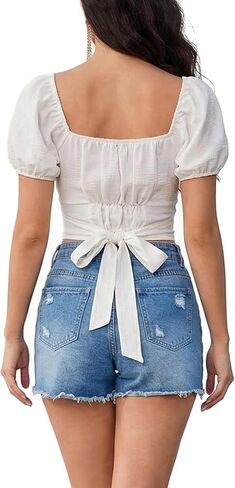 Women's Casual Square Neck Criss Cross Knot Short Sleeve Crop Blouse Shirt Top in Saudi Arabia
