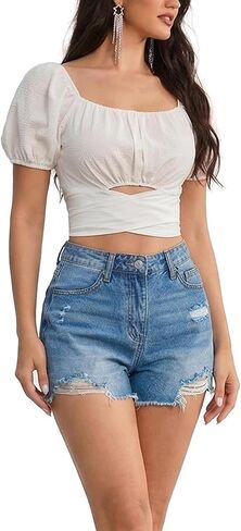Women's Casual Square Neck Criss Cross Knot Short Sleeve Crop Blouse Shirt Top in Saudi Arabia