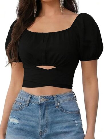 Women's Casual Square Neck Criss Cross Knot Short Sleeve Crop Blouse Shirt Top in Saudi Arabia