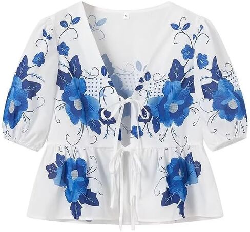 Women Floral Fairycore Shirts Vintage Cotagecore Blouse Bow Tie Front Going Out Shirts Boho Puffy Sleeve Clothing in Saudi Arabia