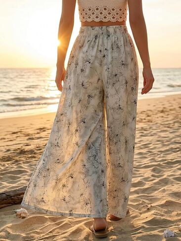 Women's High-Waisted Landscape Ink Painting Print Ice Silky Fiber Fabric Loose Wide-Leg Sports Cool Casual Pants in Saudi Arabia