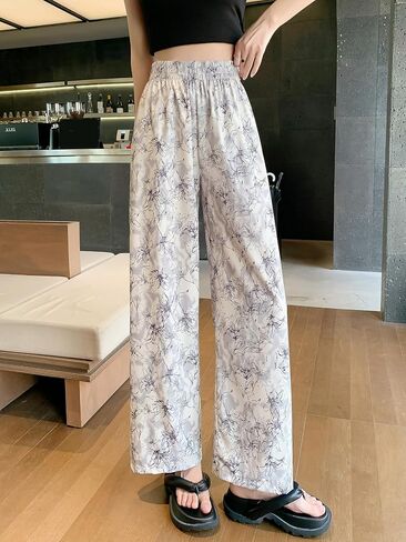 Women's High-Waisted Landscape Ink Painting Print Ice Silky Fiber Fabric Loose Wide-Leg Sports Cool Casual Pants in Saudi Arabia