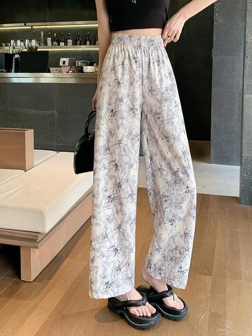 Women's High-Waisted Landscape Ink Painting Print Ice Silky Fiber Fabric Loose Wide-Leg Sports Cool Casual Pants in Saudi Arabia