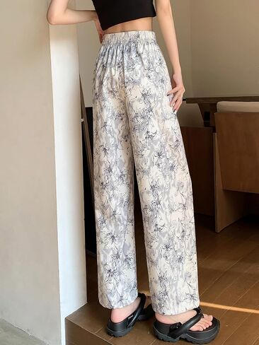 Women's High-Waisted Landscape Ink Painting Print Ice Silky Fiber Fabric Loose Wide-Leg Sports Cool Casual Pants in Saudi Arabia