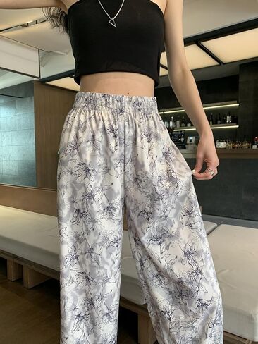 Women's High-Waisted Landscape Ink Painting Print Ice Silky Fiber Fabric Loose Wide-Leg Sports Cool Casual Pants in Saudi Arabia