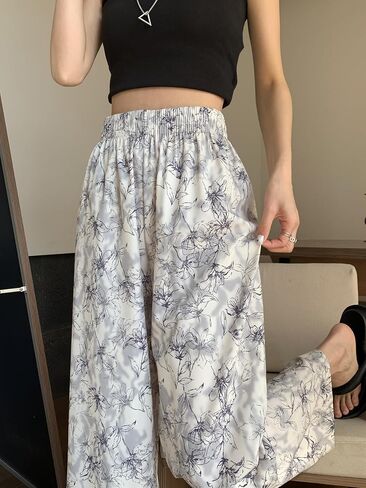Women's High-Waisted Landscape Ink Painting Print Ice Silky Fiber Fabric Loose Wide-Leg Sports Cool Casual Pants in Saudi Arabia
