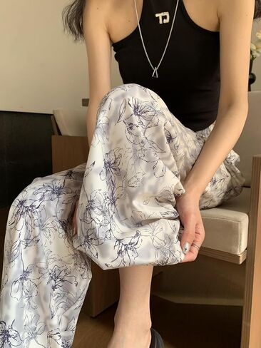 Women's High-Waisted Landscape Ink Painting Print Ice Silky Fiber Fabric Loose Wide-Leg Sports Cool Casual Pants in Saudi Arabia