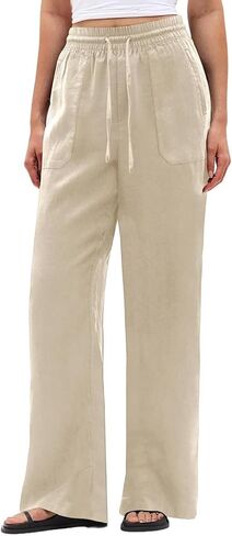 Linen Wide Leg Palazzo Pants for Women Elastic Waist Drawstring Trousers with Pockets Long Beach Vacation Clothes in Saudi Arabia