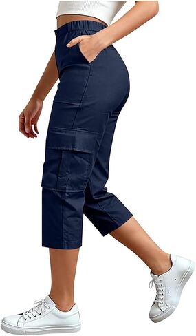 البضائع Capris للنساء 2026 الصيف عادية فضفاض كابري السراويل حجم كبير عالية الخصر زر اقتصاص بانت مع جيوب in Kuwait