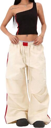 Women's Y2K Baggy Cargo Parachute Pants Elastic Waist Wide Leg Lightweight Quick-Dry Contrast Stripe American Retro in Saudi Arabia