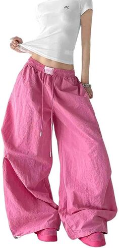 Women's Y2K Baggy Cargo Parachute Pants Elastic Waist Wide Leg Lightweight Quick-Dry Contrast Stripe American Retro in Saudi Arabia
