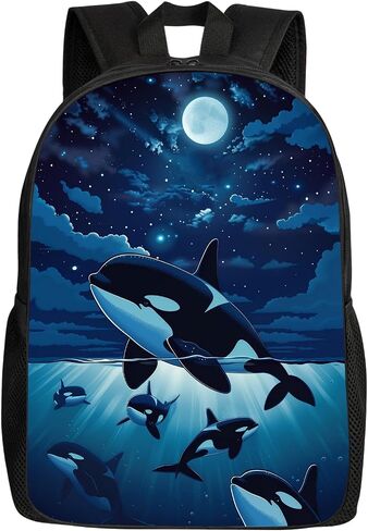 Whale Kids Backpack Killer Whale Orcas in Galaxy School Bookbags Daypack Bag, Water Resistant Children Backpack for Elementary Junior High Girls Boys, 17 Inches, Beautiful Space Moonlight in Saudi Arabia