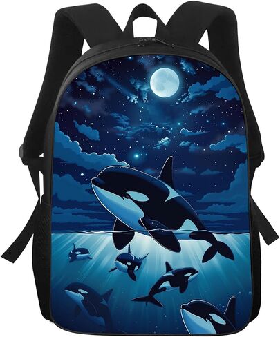 Whale Kids Backpack Killer Whale Orcas in Galaxy School Bookbags Daypack Bag, Water Resistant Children Backpack for Elementary Junior High Girls Boys, 17 Inches, Beautiful Space Moonlight in Saudi Arabia