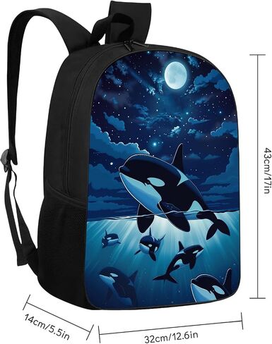 Whale Kids Backpack Killer Whale Orcas in Galaxy School Bookbags Daypack Bag, Water Resistant Children Backpack for Elementary Junior High Girls Boys, 17 Inches, Beautiful Space Moonlight in Saudi Arabia