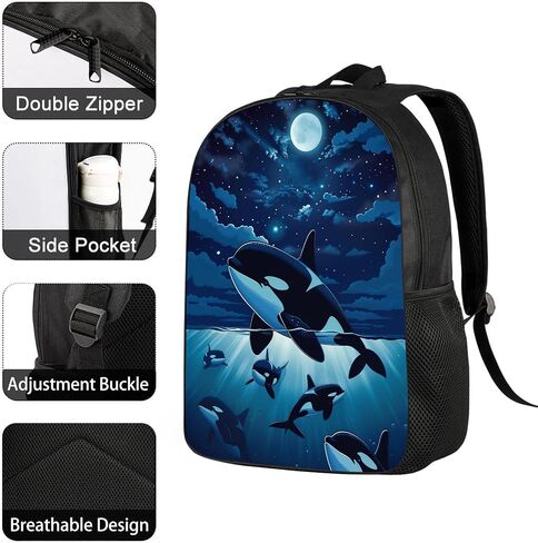 Whale Kids Backpack Killer Whale Orcas in Galaxy School Bookbags Daypack Bag, Water Resistant Children Backpack for Elementary Junior High Girls Boys, 17 Inches, Beautiful Space Moonlight in Saudi Arabia