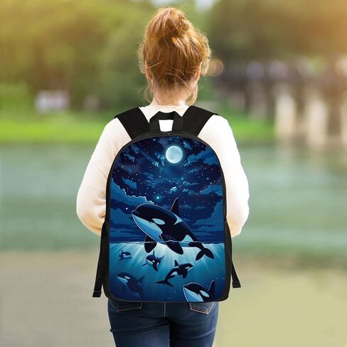 Whale Kids Backpack Killer Whale Orcas in Galaxy School Bookbags Daypack Bag, Water Resistant Children Backpack for Elementary Junior High Girls Boys, 17 Inches, Beautiful Space Moonlight in Saudi Arabia