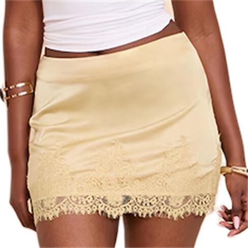 Miqil Women Lace Satin Mini Skirt Y2k Floral Lace Elastic Waist A Line Silky Half Slip Short Skirts Vintage E-Girls Dress in Saudi Arabia