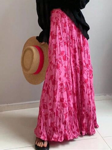 Women's Floral Print Maxi Skirt, High Waist Crinkle Flowy Long Skirt Casual Summer Beach Outfits in Kuwait