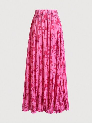 Women's Floral Print Maxi Skirt, High Waist Crinkle Flowy Long Skirt Casual Summer Beach Outfits in Kuwait