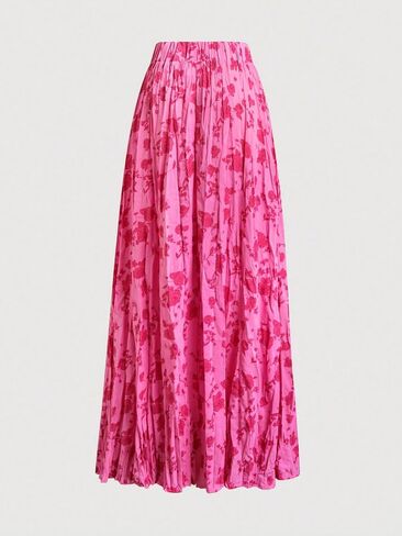 Women's Floral Print Maxi Skirt, High Waist Crinkle Flowy Long Skirt Casual Summer Beach Outfits in Kuwait
