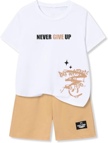 Ayzozuy Tween Boys' 2-Piece Soccer Graphic Outfit Set Summer Casual Crewneck T-Shirt & Shorts Sizes 8-14 in Saudi Arabia