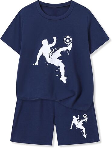 Ayzozuy Tween Boys' 2-Piece Soccer Graphic Outfit Set Summer Casual Crewneck T-Shirt & Shorts Sizes 8-14 in Saudi Arabia