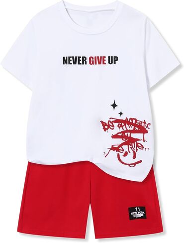 Ayzozuy Tween Boys' 2-Piece Soccer Graphic Outfit Set Summer Casual Crewneck T-Shirt & Shorts Sizes 8-14 in Saudi Arabia