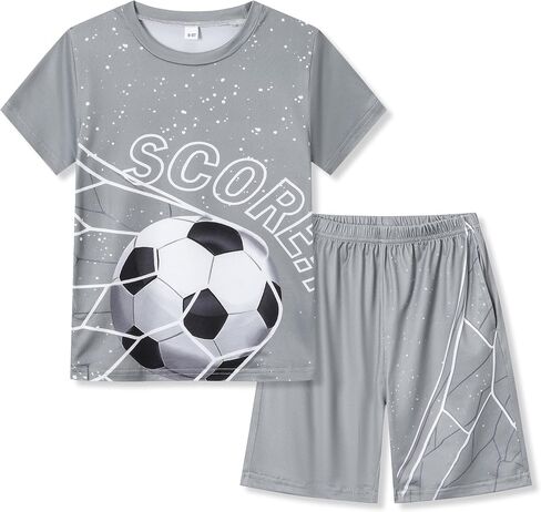 Ayzozuy Tween Boys' 2-Piece Soccer Graphic Outfit Set Summer Casual Crewneck T-Shirt & Shorts Sizes 8-14 in Saudi Arabia