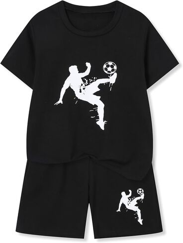 Ayzozuy Tween Boys' 2-Piece Soccer Graphic Outfit Set Summer Casual Crewneck T-Shirt & Shorts Sizes 8-14 in Saudi Arabia