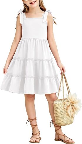 Girls Summer Dress Bowknot Strap Sleeveless Party Dress Casual Swing Flowy Ruffle Tiered Sundresses 5-14Y in Saudi Arabia